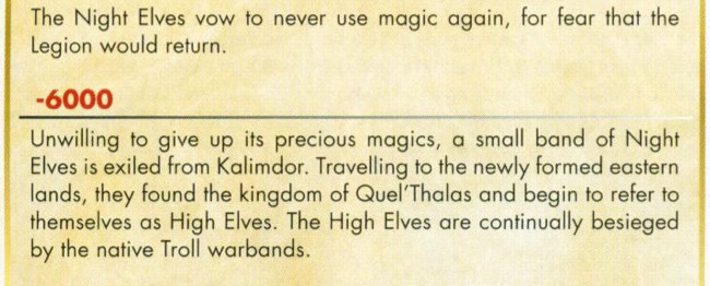The 2004 guide's history of Azeroth: the night elves vow never to use magic again, and a small band is exiled and becomes the high elves